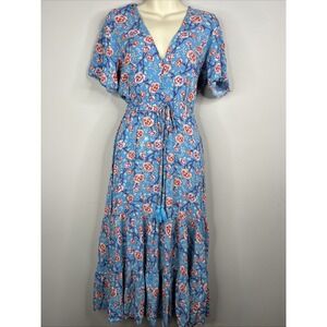 Sunday Mi Amor Tiered Blue Floral Midi Dress XS Cottage Romantic Garden Boho